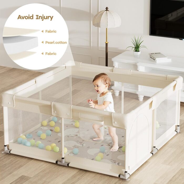 Ляльковий будиночок для малюків з матрацом, бежевий 120x120 см. Безпечний ляльковий будиночок для дитячої кімнати з дихаючим сіткою та фіксаторами.