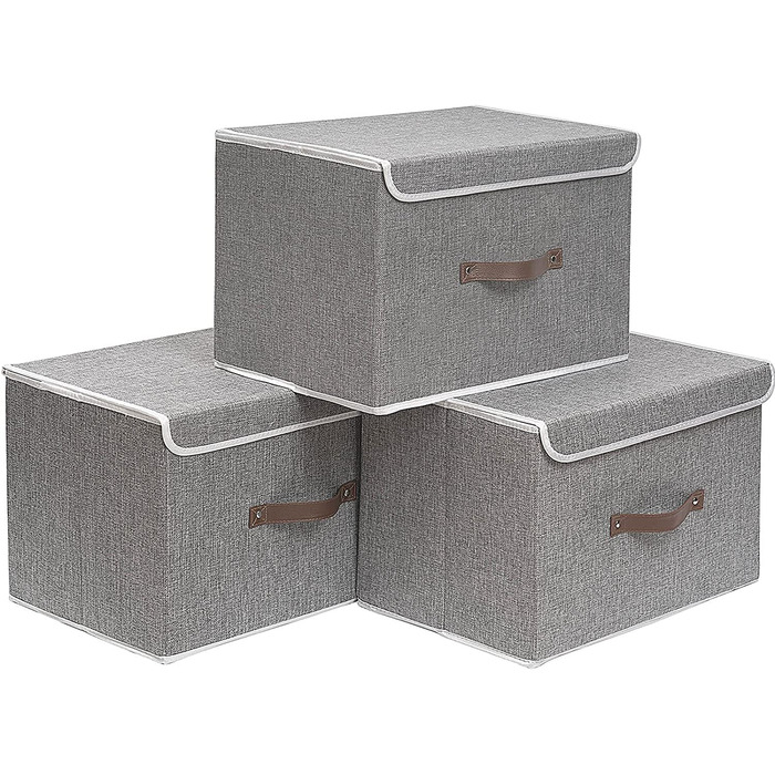 Ящики для зберігання OUTBROS з 3 предметів з кришками, 38 x 25 x 25 см, складні тканинні ящики, кошики для зберігання, органайзери для іграшок, одягу, книг, ST02BGS3 (Сірий, дуже великий(3 упаковки))