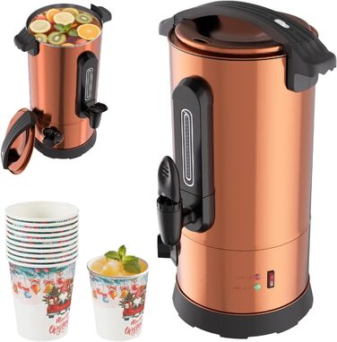 Глювайновий нагрівач 8л з 10 чашками | 1500W диспенсер гарячих напоїв з нержавіючої сталі з термостатом 30–110°C, функція підігріву та виливний кран | Глювайновий автомат для вечірок, мідно-кольоровий 8л