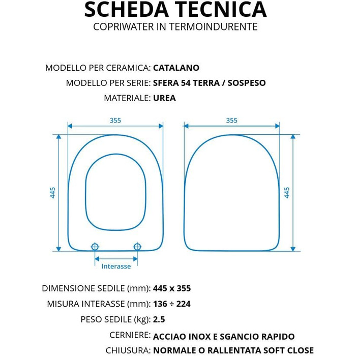 Сидіння для унітазу CATALANO SFERA 54 TERRA/SOSPESO, термореактивний матеріал, білий, звичайна петля з нержавіючої сталі або з системою уповільненого плавного закриття (блискавка / закриття звичайна)