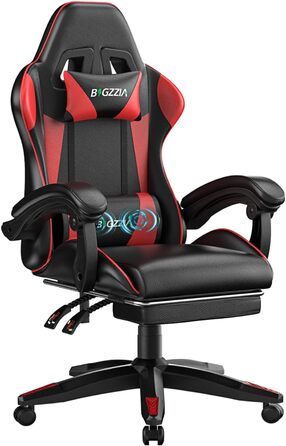 Ігровий крісло Bigzzia з масажем та підставкою для ніг, ергономічне, регульована спинка 90-135°, з подушками для голови та попереку (Червоний)