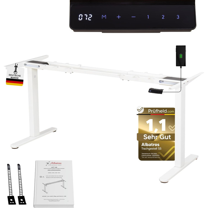 Електричний регульований стіл Albatros Lift S5: металеве шасі, ніжки, підставка | До 120 кг | Для широких стільниць 2м | Білий