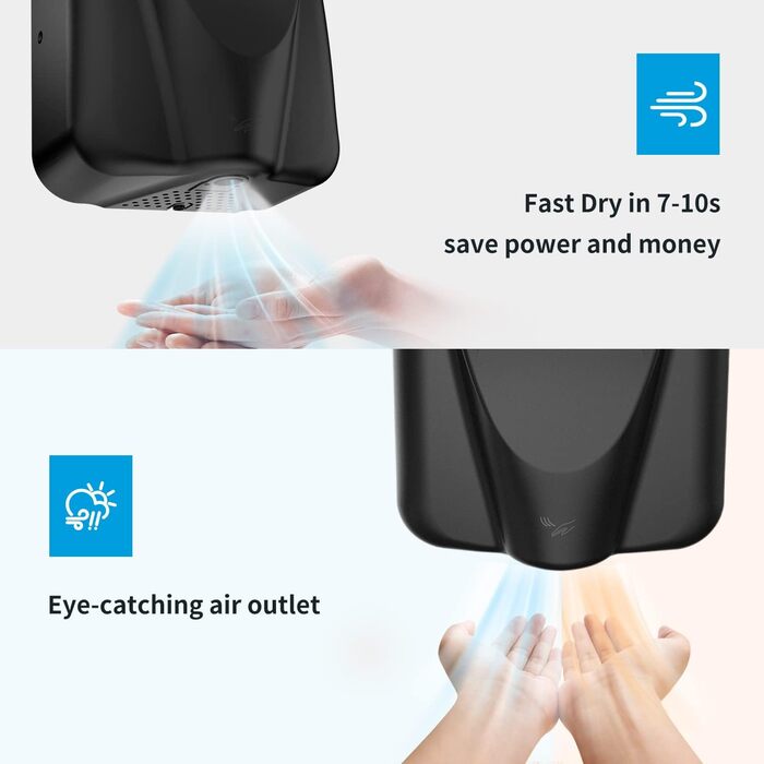 Anydry 2812 - Електричний сушар для рук AnyDry, для комерційного використання, нержавіюча сталь, швидка сушка (7-10 сек), 1600W, чорний (Brushed)