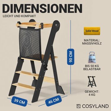 COSYLAND Монтессорі навчальний столик-сходинка для дітей від 1 року, регульована висота, складаний | Навчальний столик-сходинка для кухні | Темно-сірий-натуральний | COSYLAND