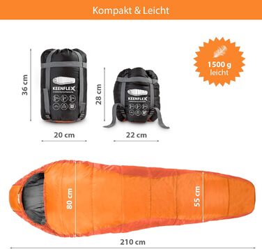 KeenFlex Спальний мішок 3-4 сезони, від +7,2°C до -23,4°C, 1500г/2150г, для літа й зими, машинне прання