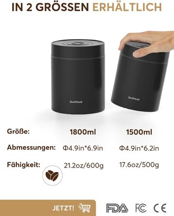 OUTPEAK Neo 2025 Kilo Auto-Vakuum-Kaffeedose: Контейнер для кави з авто-вакуумним насосом, 1,5 л, для 500 г кавових зерен, з кнопкою, з нержавіючої сталі, для бариста, подарунок (великий, матовий чорний)