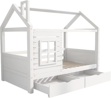 Дитяче ліжко 80x160 см з ящиками та віконцем, масивне дерево, захист від падіння, ламелі, для хлопчиків та дівчаток, ліжко-будиночок, без матраца, білий колір
