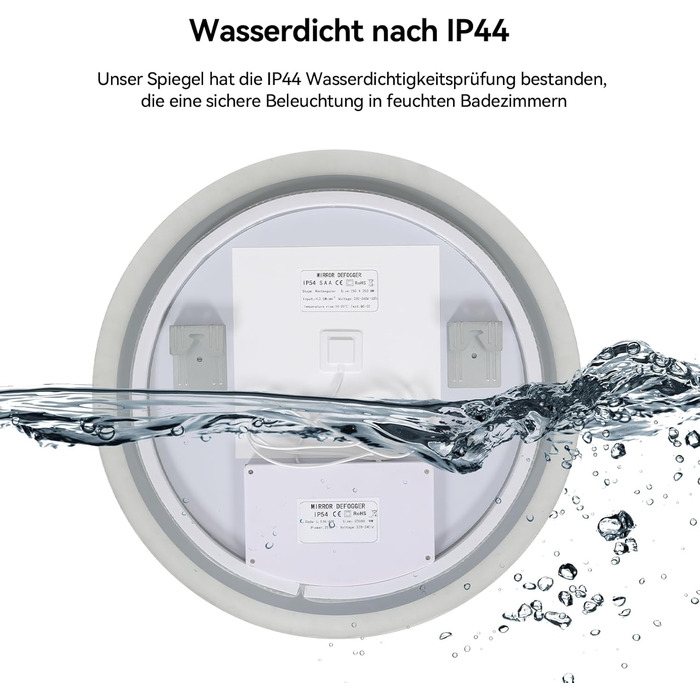 Дзеркало для ванної кімнати YOURLITE з підсвічуванням, діаметр 60 см, LED, 3 кольори, диммування, сенсорне управління, антизапар, пам'ять, IP44, білий