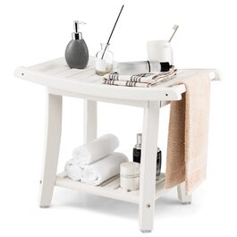 Двомісна душова лавка COSTWAY з полицею, 170 кг, біла. Душовий стільчик для дорослих та літніх людей, 60,5 x 34 x 48 см