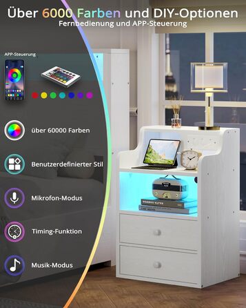 Нічний столик IRONCK з LED-підсвіткою, розеткою та функцією зарядки, з ящиками, білий.