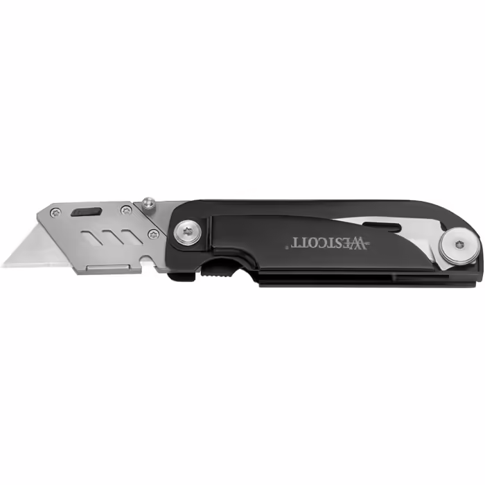 Westcott E-84034 Багатофункціональний ніж-мультитул з лезом Drop-Point 7,5 см, складаною пилкою 7,5 см, викруткою, LED-ліхтариком, лінійкою, металевою ручкою, чорний, 19 см