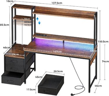 Ігровий стіл Coleshome з полицями та ящиками, 137x48 см. Стіл для геймінгу з LED-підсвічуванням та розеткою, комп'ютерний стіл з місцями для зберігання та підставкою для монітора (Коричневий)