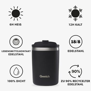 Термокружка QWETCH 240 мл, нержавіюча сталь, чорна - для кави та чаю, зберігає тепло 6 год, холод 12 год, BPA-free, без витоку, багаторазова
