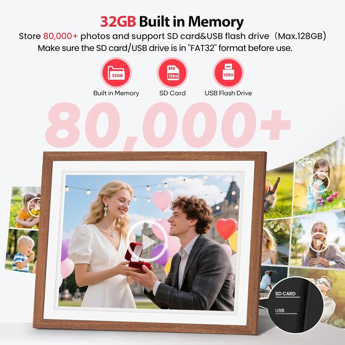 Frameo Цифровий фоторамка 10,1 дюйма, HD 1280*800 IPS сенсорний екран, 32GB пам'ять, автоповорот, Frameo App для обміну фото та відео, 15 дерев'яних текстур (білий)