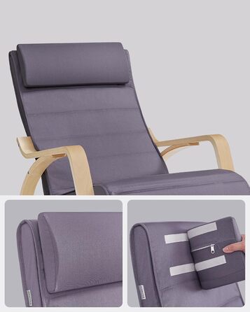 Крісло-гойдалка SONGMICS з підлокітниками з натурального дерева, регульована підставка для ніг, до 150 кг, для спальні/вітальні, темно-натуральний колір (сірий + натуральний, бавовна/поліестер)