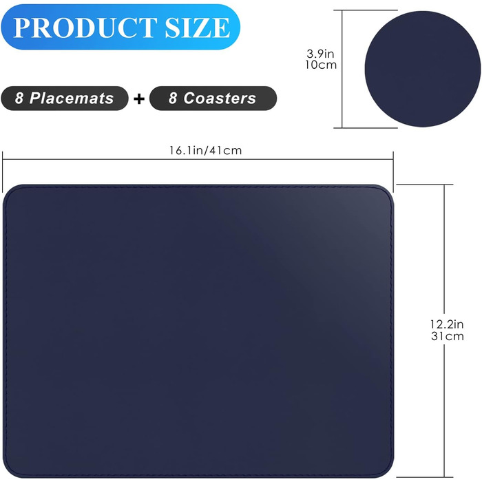 Набори підставки під посуд APLKER, 8 шт., водонепроникні, з ефектом шкіри, ПВХ, 16 x 12 дюймів (темно-синій)