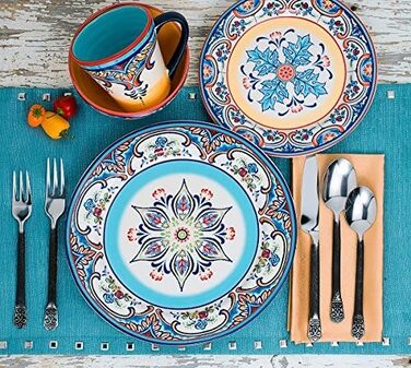Набір посуду Euro Ceramica Zanzibar Collection, 16 частин, для кухні та їдальні, на 4 особи, з іспанським квітковим візерунком, блакитно-жовтий