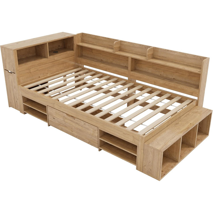 Ліжко дитяче 90x200, дерев'яне з шухлядами, полицями та захистом від падіння, з ламелями та місцем для зберігання, для підлітків, функціональне, без матраца, біле