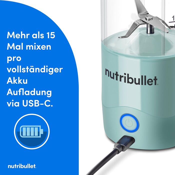 Ручний блендер nutribullet, 475 мл без бісфенолу А, портативний багатофункціональний блендер, USB-C, NBP003PU, світло-блакитний