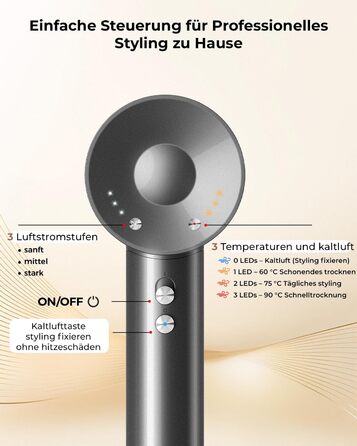 Професійний фен для волосся з дифузором та 5 насадками, іонний, 1600W, безщітковий мотор, низький рівень шуму, сріблясто-сірий