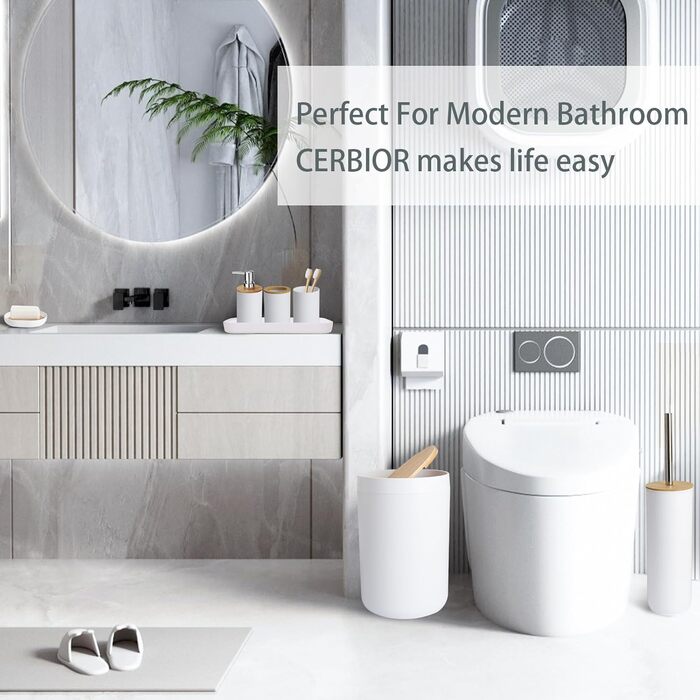 CERBIOR Набір аксесуарів для ванної кімнати з бамбука, 6 предметів: мильниця, тримач для зубних щіток, стакан для ополіскування, дозатор для лосьйону, флакон, сміттєвий бачок, щітка для унітазу, білий