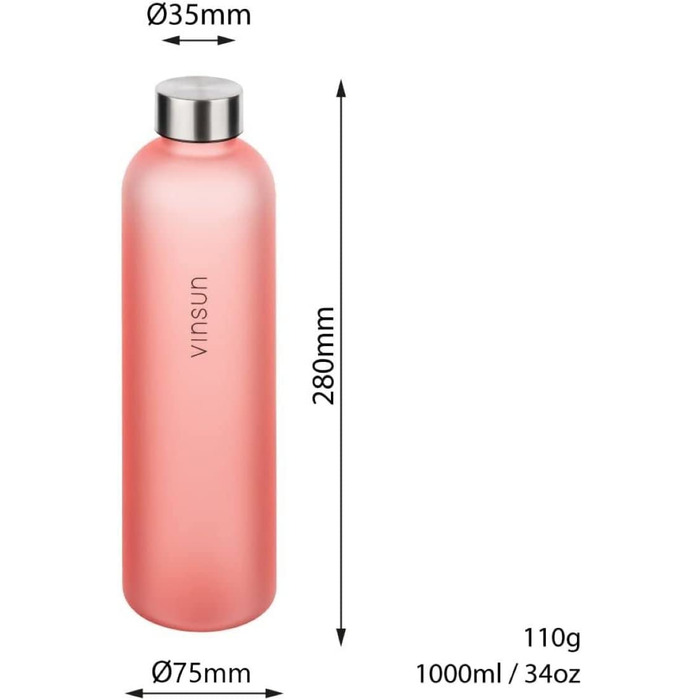 Пляшка для пиття Vinsun об'ємом 1 л-багаторазова, екологічно чиста, не містить вуглекислого газу, спортивна пляшка Tritan для активного відпочинку, школи, коледжу, велосипеда, офісу, тренажерного залу (1000 мл, рожева)