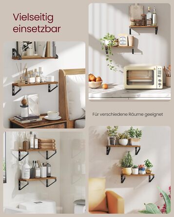 Настінна полиця VASAGLE, 6 шт. у наборі, полиці для стін, 30/35/40 см, для вітальні, кухні, кабінету, ванної кімнати, вінтажний коричневий + матовий чорний, LWS033K02