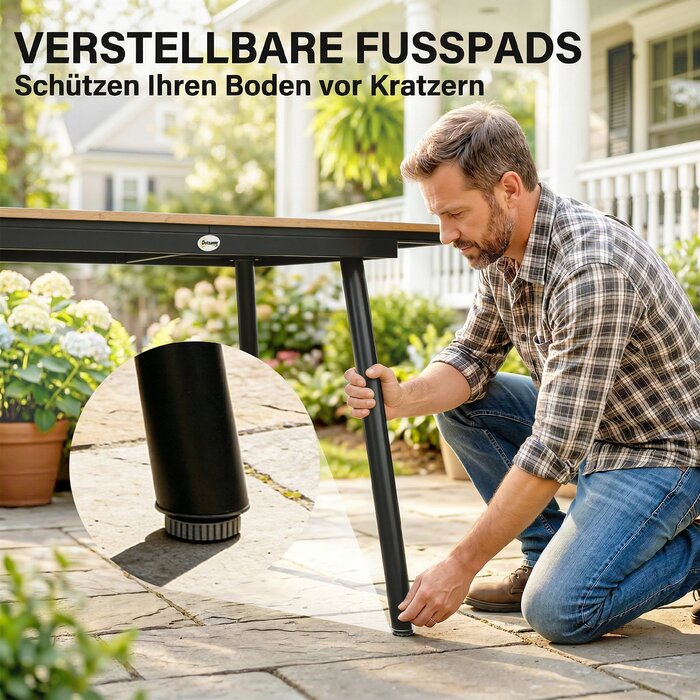 Садовий стіл 140 x 80 см на 6 осіб, стійкий до корозії, обідній стіл для вулиці зі стільницею з WPC, регульовані ніжки, колір тік