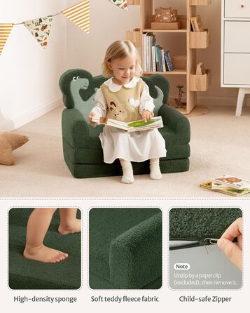 Дитяча крісло-диван Blissful Diary Kindercouch 2-в-1 з динозаврами, зручне, темно-зелене
