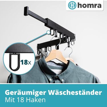 Сушильна стійка Homra Настінна мотузка для білизни 127 см Висувна стіна - Настінна сушильна стійка Висувна для одягу та білизни - Настінна вішалка для одягу - Настінна сушильна машина Економія місця - чорний