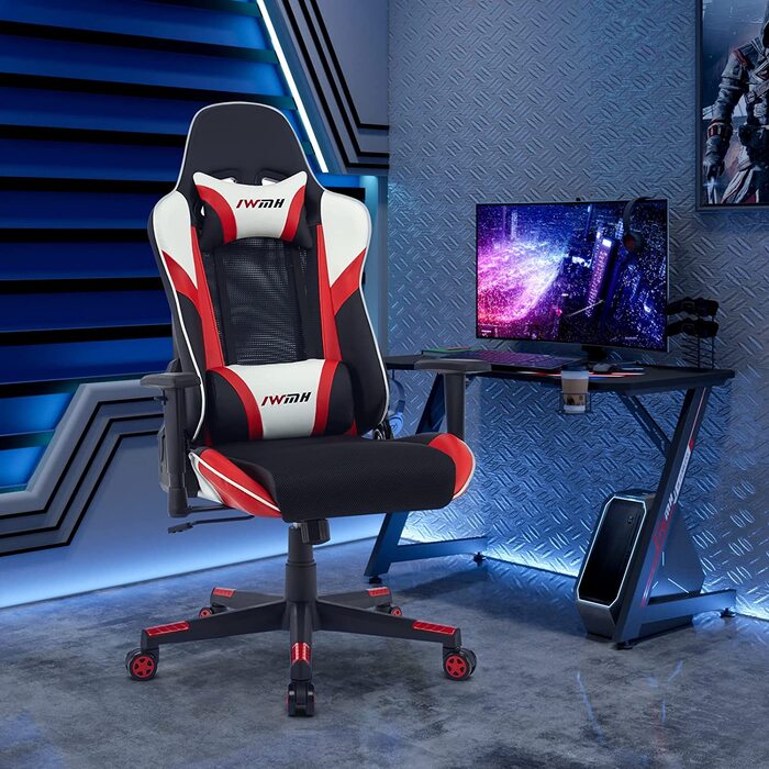 Ігрове крісло WM Heart офісний стілець ергономічний з регульованими підлокітниками і дихаючої поперекової опорою, а також підголівник робочий стіл ПК тканина комп'ютерний стілець грати червоний