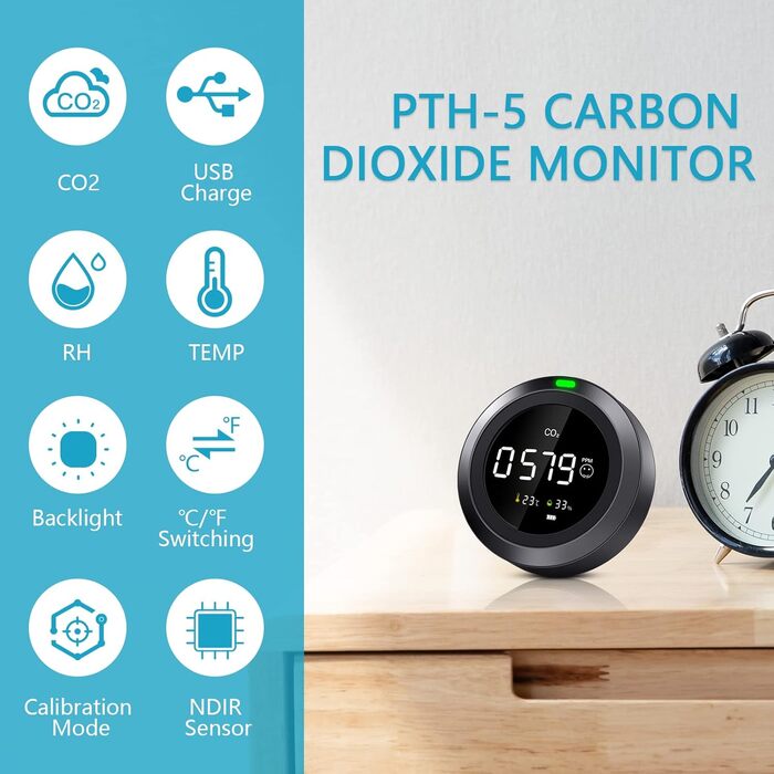 Вимірювач якості повітря Therm La Mode CF-30 з Smart-додаток: виявлення забруднювачів, пилу PM2.5/PM1.0, формальдегіду, CO2, температури, пилку. Великий LCD-дисплей