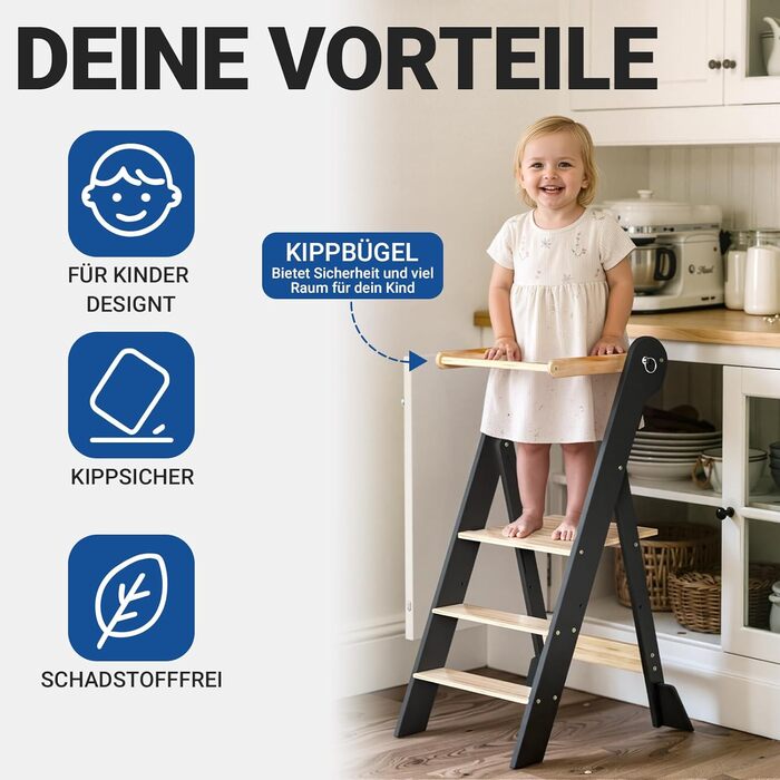 COSYLAND Монтессорі навчальний столик-сходинка для дітей від 1 року, регульована висота, складаний | Навчальний столик-сходинка для кухні | Темно-сірий-натуральний | COSYLAND