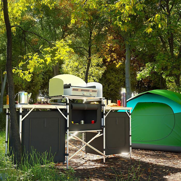 Складана туристична кухня 24MOVE® Campo: шафа для кемпінгу з робочою поверхнею та відсіками для зберігання (175x46x110, чорний)