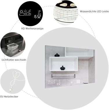 Дзеркало для ванної кімнати LED Byecold з підсвічуванням, 60x80 см, з Wi-Fi, погода та дата, сенсорне управління