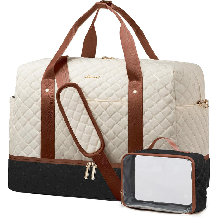 Спортивна сумка LOVEVOOK для жінок з відділенням для ноутбука, 40л, Gym Bag, Travel Duffle, для подорожей, фітнесу, клініки, лікарні (чорний+бежевий+коричневий, з відділенням для взуття)