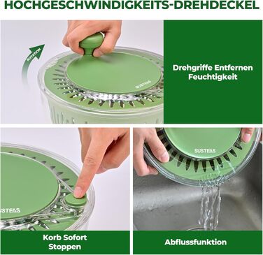 SUSTEAS Салатниця-швидкокрутка 4.5л з кришкою, чаша для салату з 5-лопатевим ножем, механізм Kubelantrieb та сепаратор для яєць – для миття, сушіння та нарізання салату, овочів, фруктів