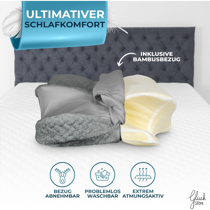 Ортопедична подушка Glückstoff® для всіх типів сну | Подушка для шиї з Memory Foam | Ергономічна подушка для сну на боці (Сірий, запасний чохол [Версія: Ergo])