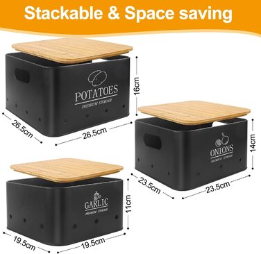 Набір контейнерів для зберігання картоплі, цибулі та часнику (3 шт.) з бамбуковим кришками - зберігає овочі свіжими. Чорний колір