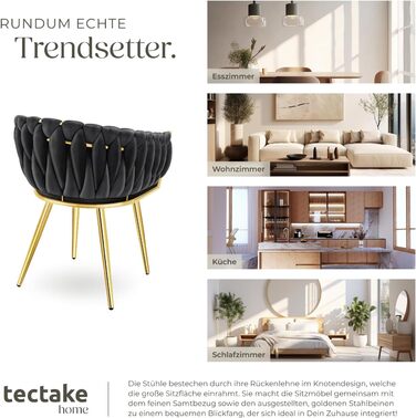 Крісла tectake® з оксамиту, комплект 2 шт., чорний/золотий, для вітальні, їдальні, туалетного столика