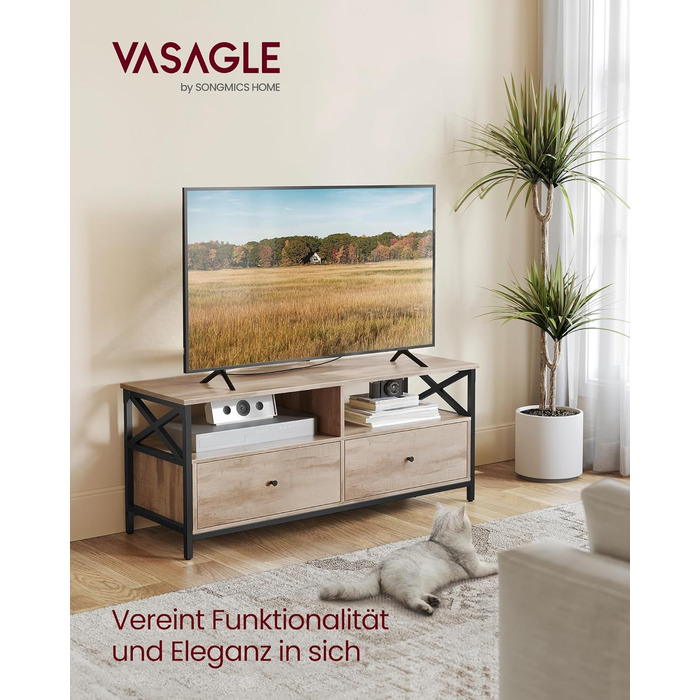 Тумба під ТВ VASAGLE, 120 см, для телевізора до 55 дюймів, 2 шухляди, 2 відкриті полиці, сталевий каркас, вінтажний колір, LTV300B01