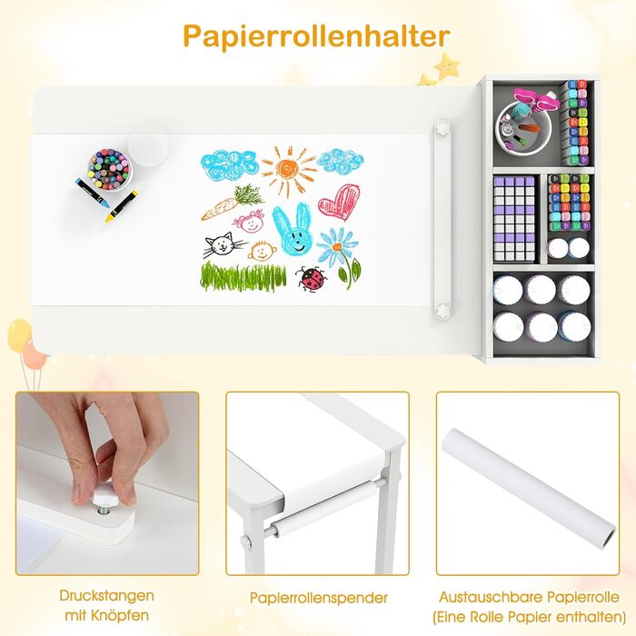 Дитячий столик та 2 стільці DREAMADE з полицями та контейнерами для зберігання, дерев'яний дитячий куточок для малювання та ігор в дитячу кімнату (Білий)