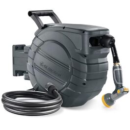 Шланговий барабан GLAHODEN з шлангом для саду 40 м + 2 м, стійкий до сонця та морозу, поворотний на 180°, настінна шланговий бокс з 9-функціональною розпилювальною насадкою (30 м)