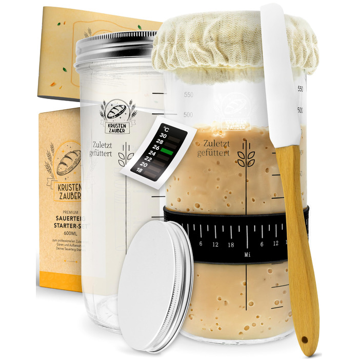Набір для закваски Krustenzauber: 1000 мл скляний посуд для бродіння з лопаткою та термометром - аксесуари для випікання хліба, скляна тара для закваски, ферментація, набір для закваски Sourdough Starter Kit
