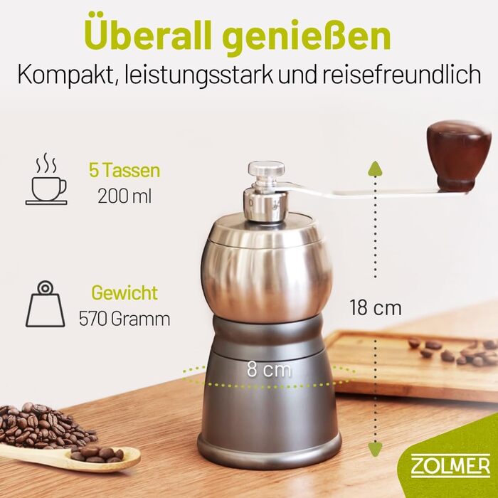 Ручна кавомолка Manuell з нержавіючою сталею, регульовані ступені помелу для еспресо, фільтр-кави та моки – компактна та міцна
