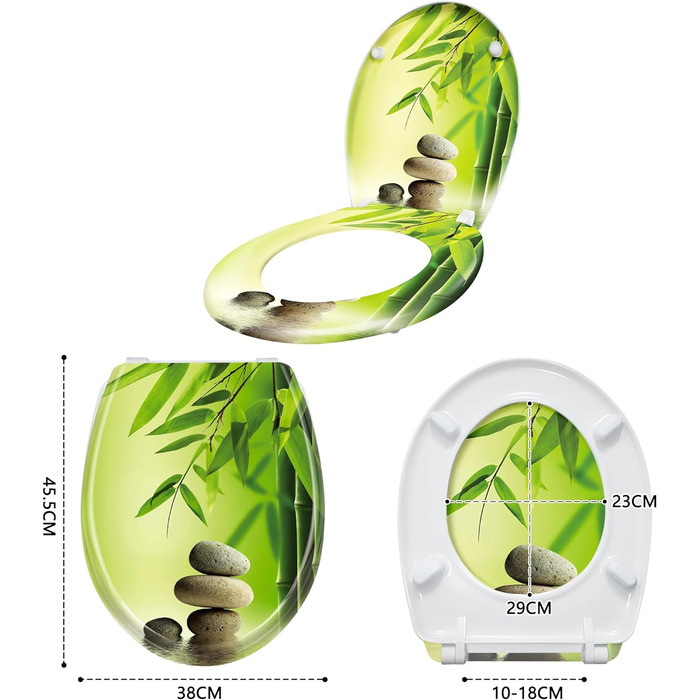 Кришка унітазу Сидіння для унітазу з автоматичним механізмом закривання, антистатичне антибактеріальне Легко чистити Знімається для більшості кришок унітазів Підвісний унітаз, 45 x 38 см (бамбук і камінь), 360