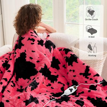 Електрична гріюча ковдра з принтом корови, повний розмір, 183 x 213 см, фіолетова, 10 режимів нагріву, автовимкнення через 8 годин, декор з гірської породи худоби, фліс, шерпа, тепла