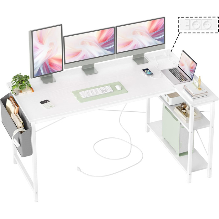 Кутовий стіл BEXEVUE для геймінгу та роботи 120x70 см з полицями, перекидний, для дому, офісу, навчання, (140 x 70 см, білий з розетками)