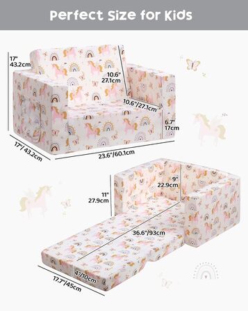 Дитяче розкладне диван-крісло BEJOY 2 в 1, Sherpa, з єдинорогом, бежевий, для дитячої кімнати, подарунок на день народження