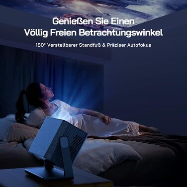 Міні проектор WOLFANG 4K з автофокусом та корекцією трапеції, 28000 люмен, WiFi 6, Bluetooth, для домашнього кінотеатру, 180° підставка, підтримка iOS/Android, для показу на вулиці